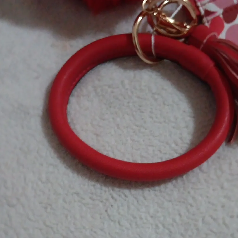 Red Pom Pom Keychain Bracelet with Card Holder